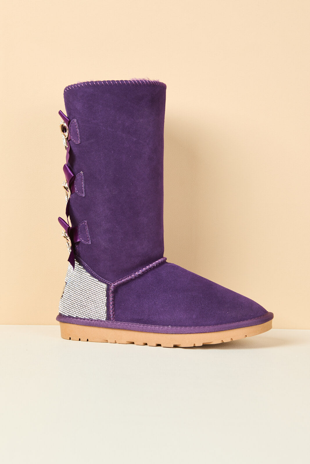 SMAIBULUN Ugg | Rhinestone Ribbon Tri-Tie Bow Suede Boots - violet