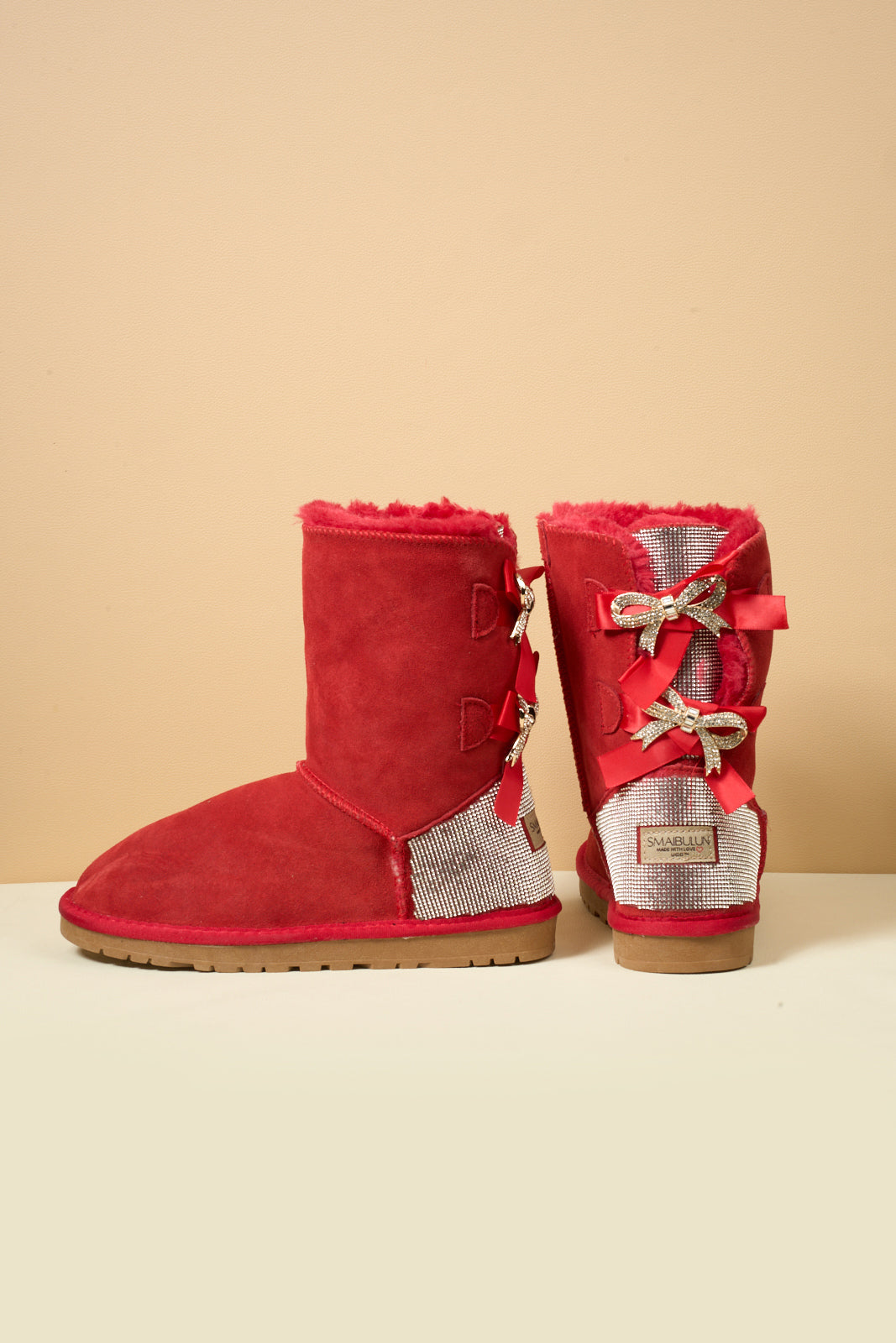 SMAIBULUN Ugg | Rhinestone Dual Bailey Bow Glam Ugg Boots - red