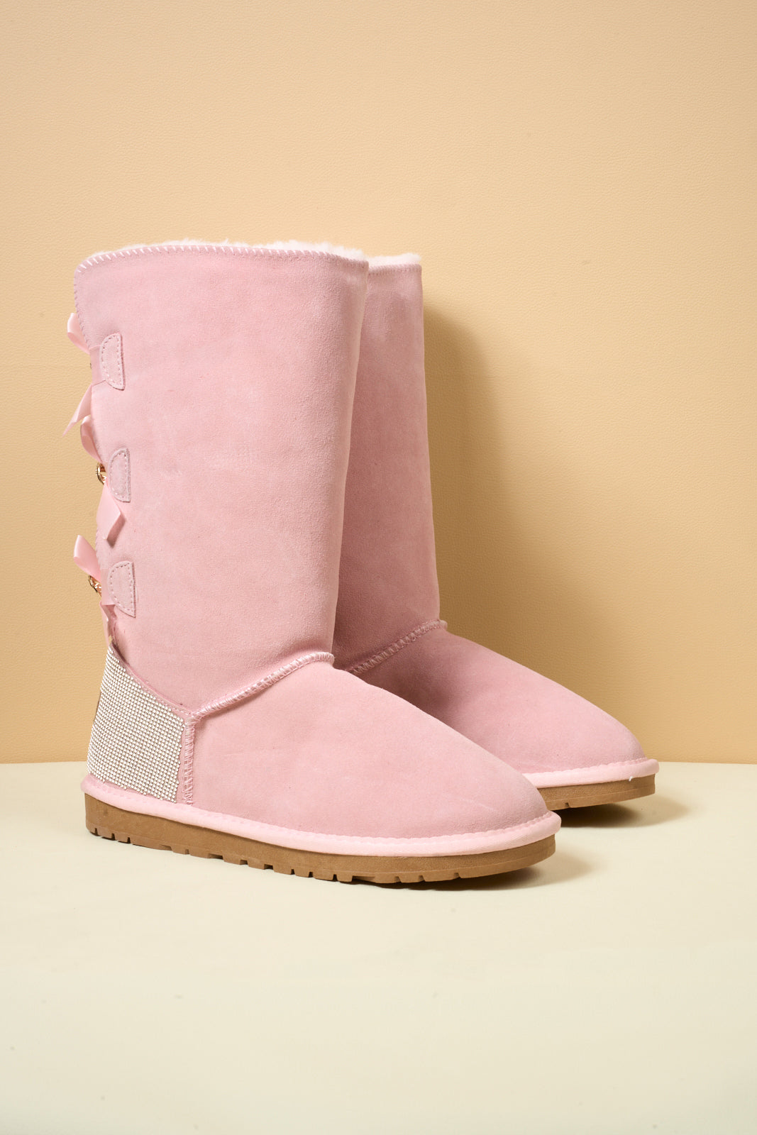 SMAIBULUN Ugg | Rhinestone Ribbon Tri-Tie Bow Suede Boots - Pink