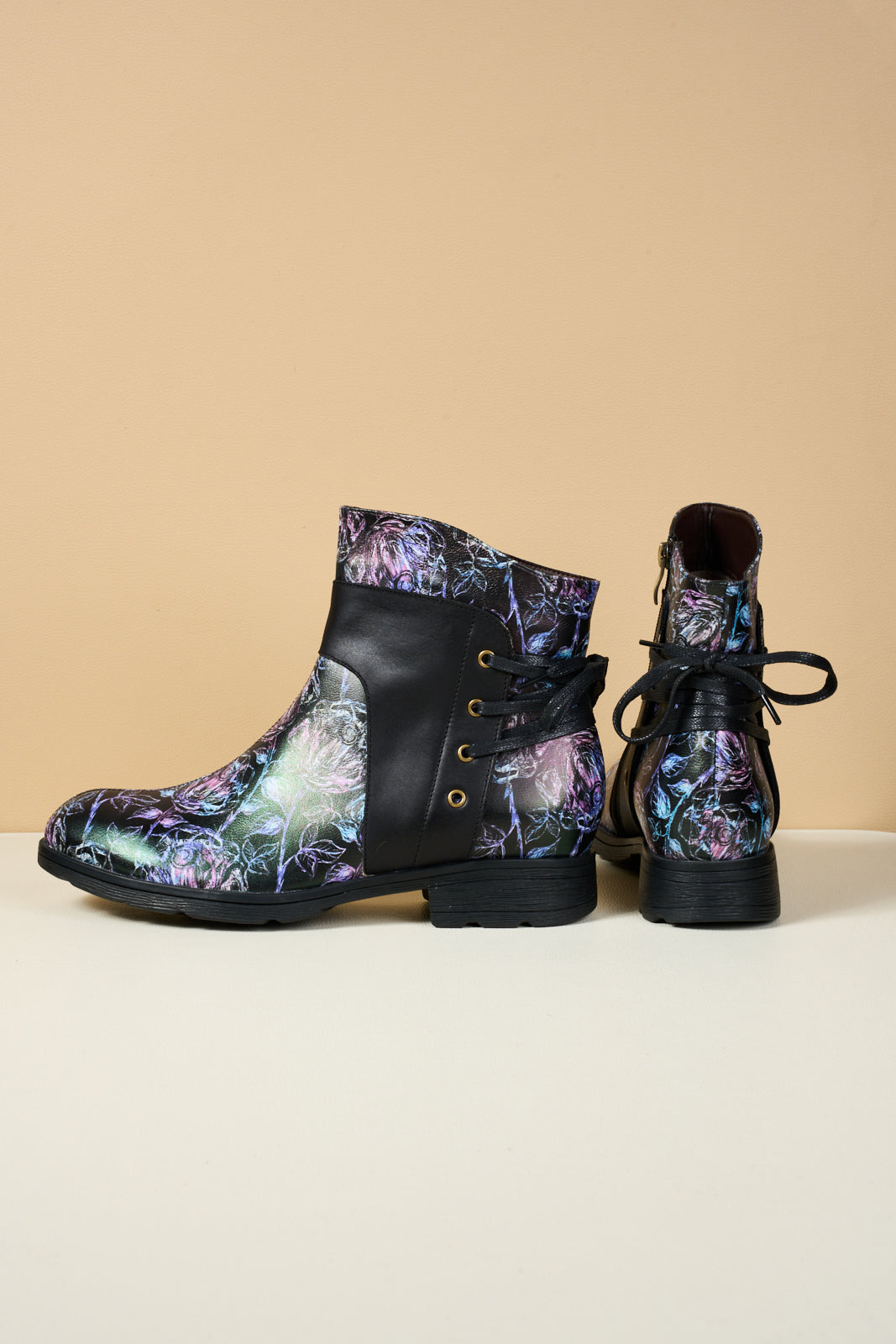 Soffia | Autumn Fields Floral Leather Ankle Booties - Black