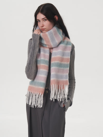 Dopamine Wool Blend Stripe Tassel Blanket Scarf - Pink