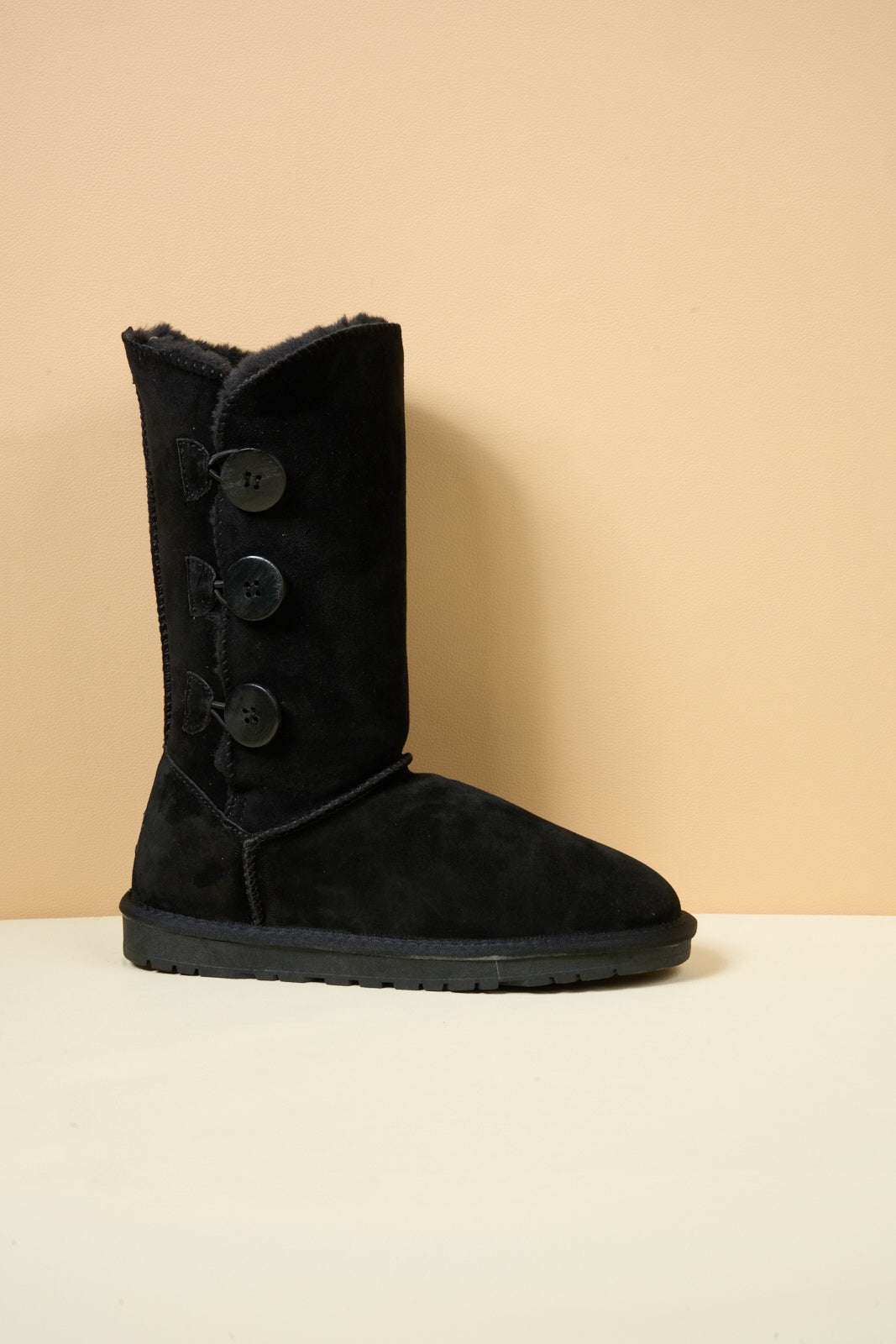 SMAIBULUN Ugg | Side Button Faux Fur-Lined Leather Suede Boots - black