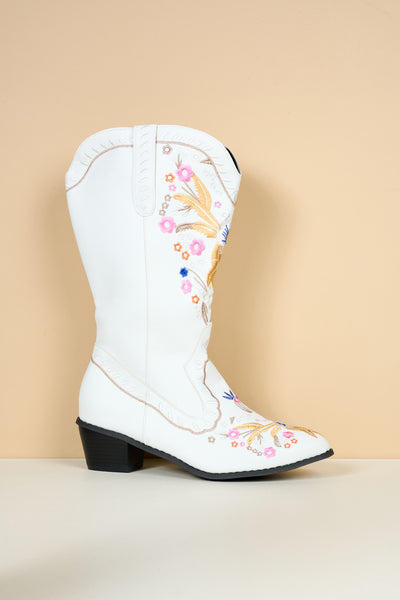 En Bloom | Santa Fe Floral Embroidered Western Knee Boots - White