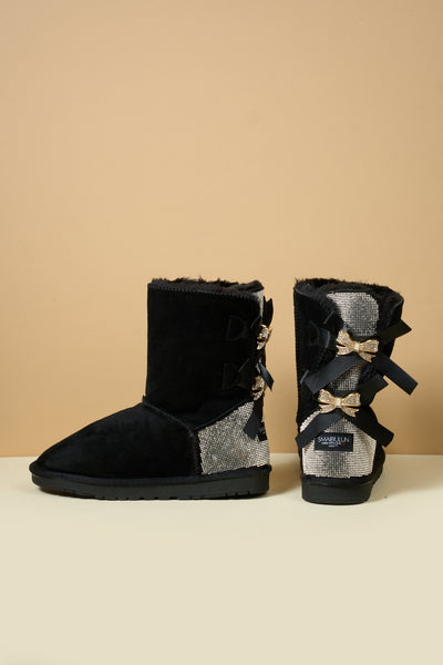 SMAIBULUN Ugg | Rhinestone Dual Bailey Bow Glam Ugg Boots - black