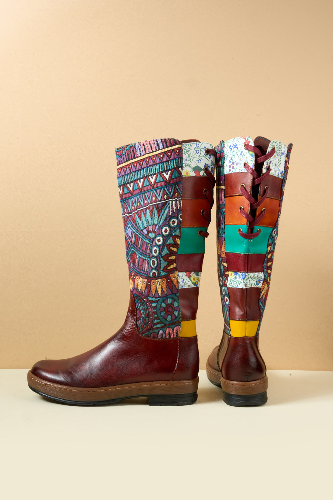 Soffia | Folks Ethnic Embroidery Leather Knee-High Boots