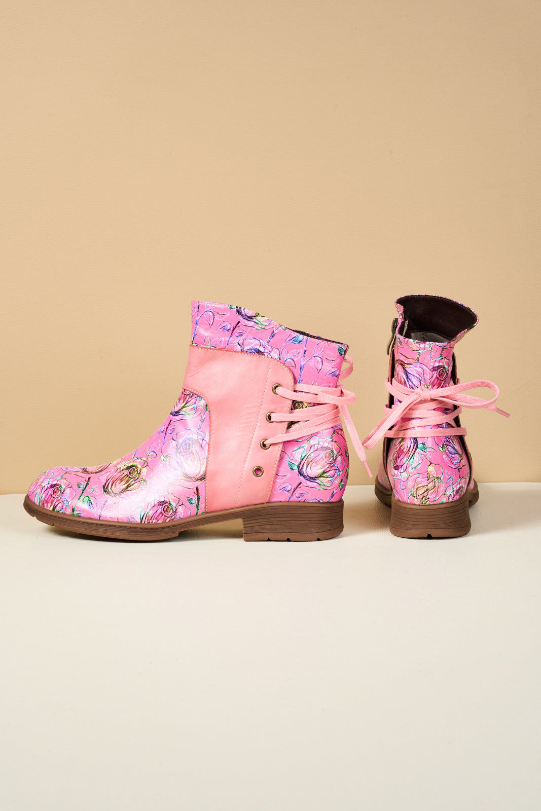 Soffia | Autumn Fields Floral Leather Ankle Booties - Pink