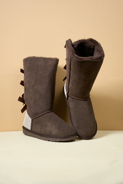 SMAIBULUN Ugg | Rhinestone Ribbon Tri-Tie Bow Suede Boots - brown