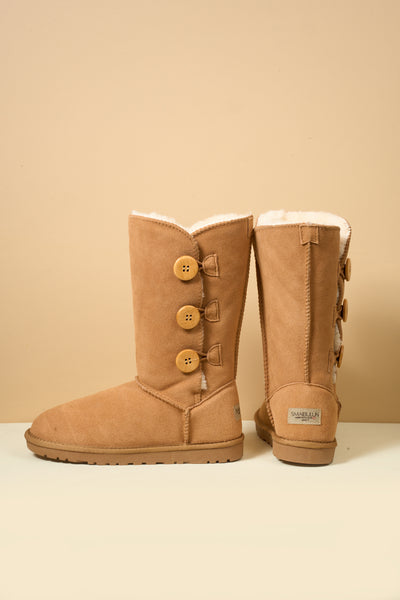 SMAIBULUN Ugg | Side Button Faux Fur-Lined Leather Suede Boots - chestnut