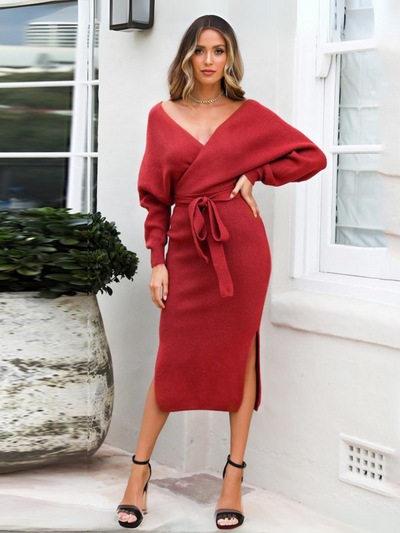 Lorene Tie Waist Midi Sweater Dress - Red