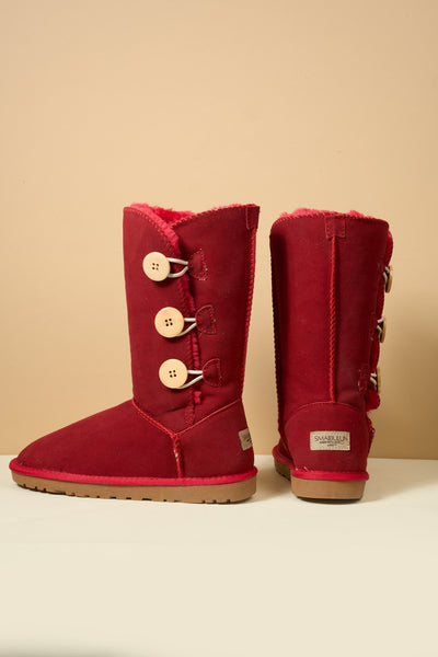 SMAIBULUN Ugg | Side Button Faux Fur-Lined Leather Suede Boots - red