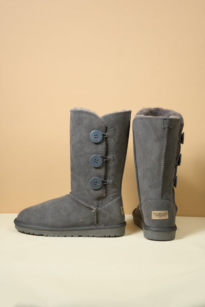 SMAIBULUN Ugg | Side Button Faux Fur-Lined Leather Suede Boots - grey