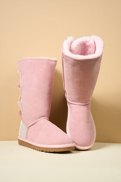 SMAIBULUN Ugg | Rhinestone Ribbon Tri-Tie Bow Suede Boots - Pink