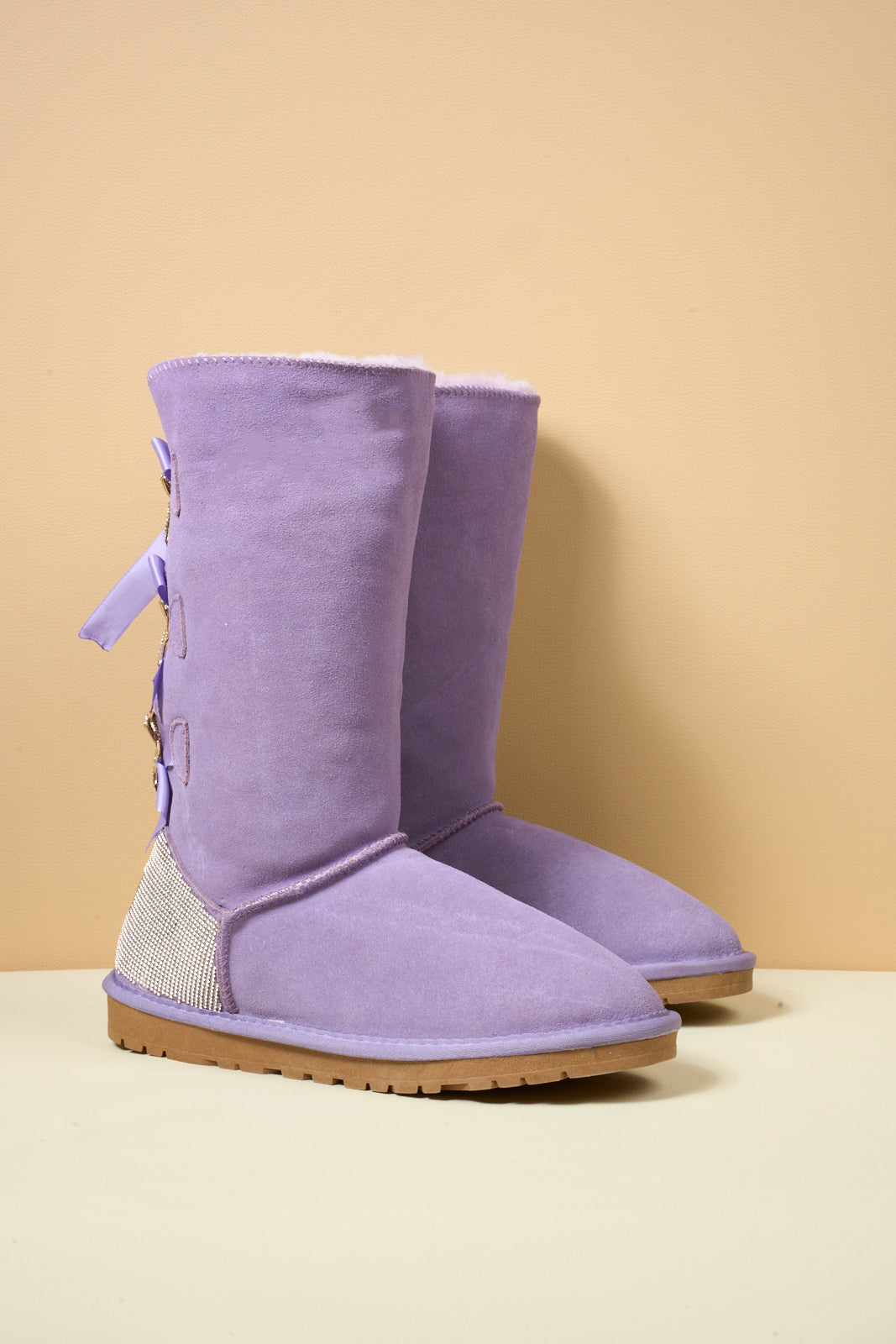 SMAIBULUN Ugg | Rhinestone Ribbon Tri-Tie Bow Suede Boots - lavender