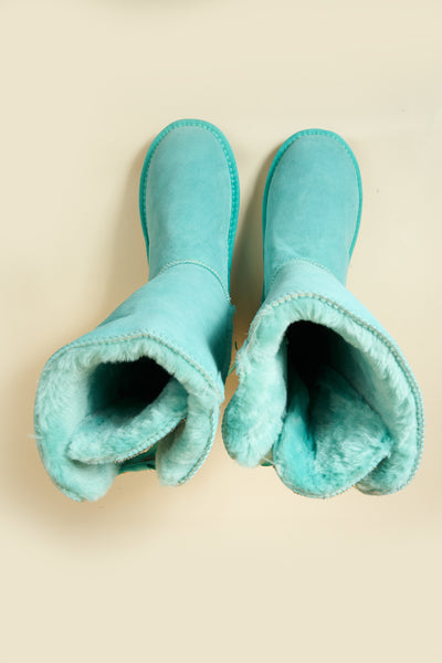 SMAIBULUN Ugg | Rhinestone Ribbon Tri-Tie Bow Suede Boots - turquoise