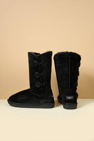 SMAIBULUN Ugg | Side Button Faux Fur-Lined Leather Suede Boots - black