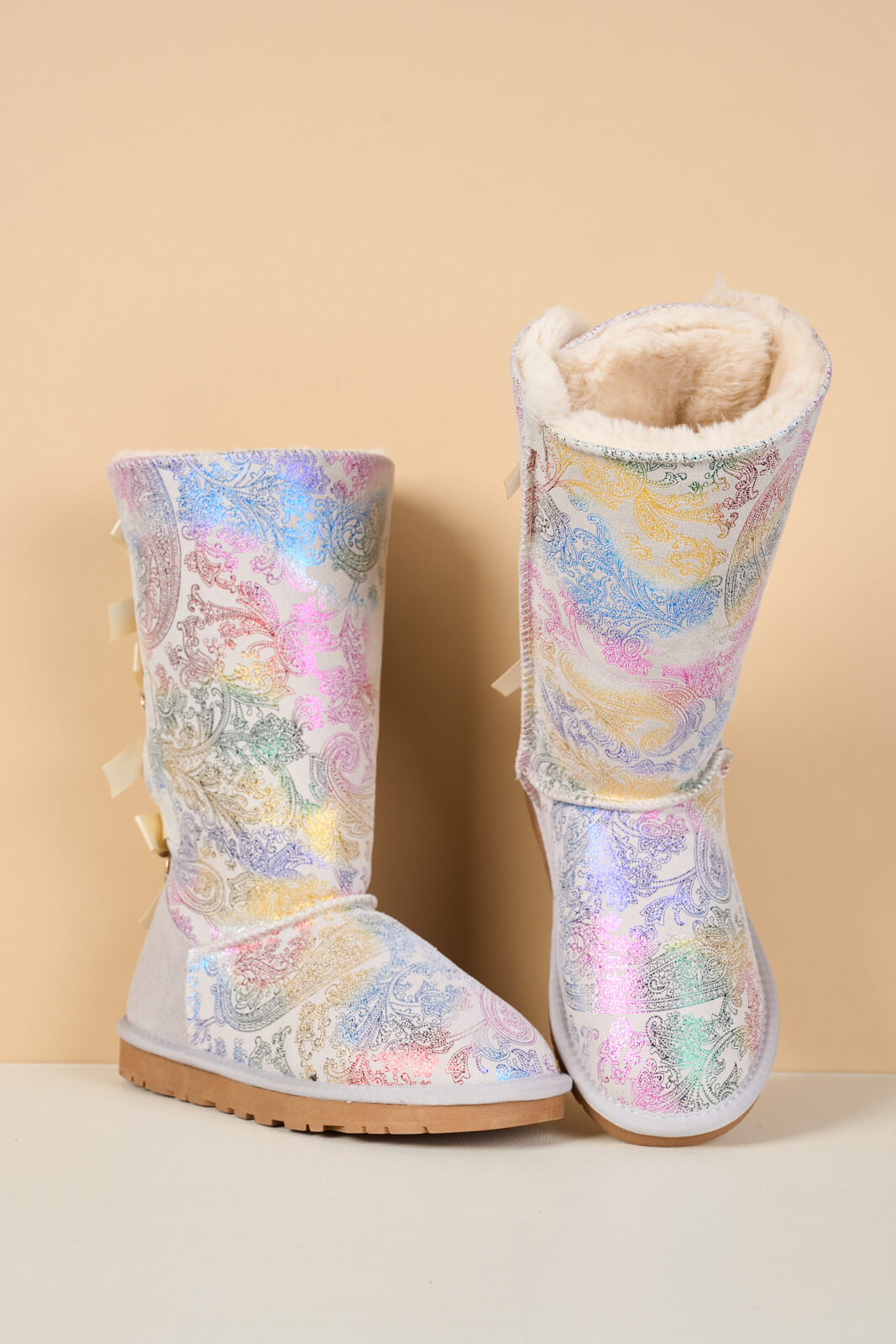 SMAIBULUN Ugg | Rhinestone Ribbon Tri-Tie Bow Suede Boots - multi