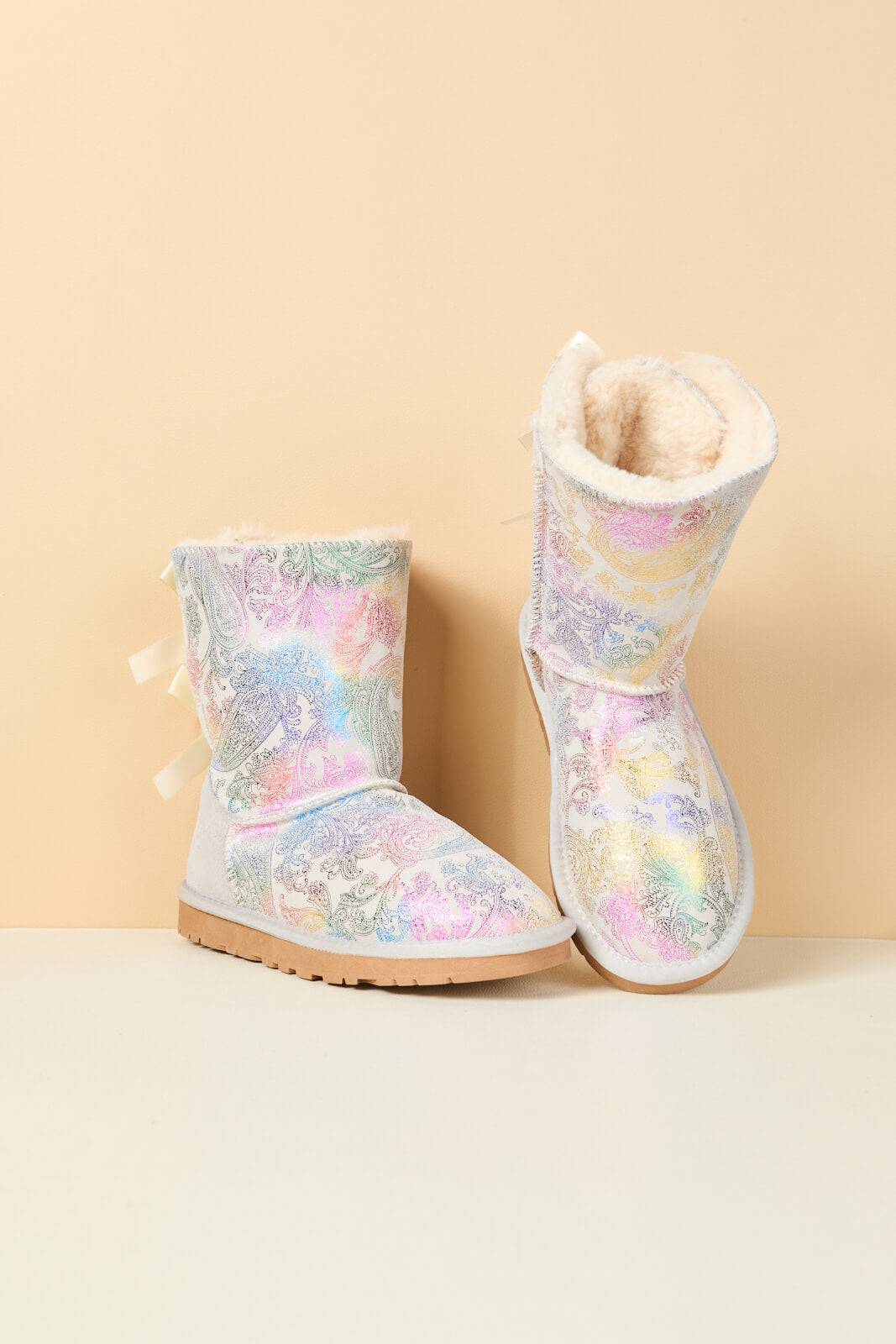 Smaibulun Ugg | Double Ballet Ribbon Bow Suede Shearling Boots - multi