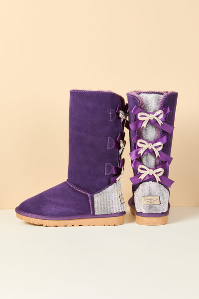 SMAIBULUN Ugg | Rhinestone Ribbon Tri-Tie Bow Suede Boots - violet