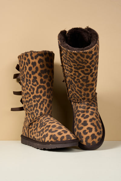 SMAIBULUN Ugg | Tri Ribbon Bow Suede Boots - cheetah