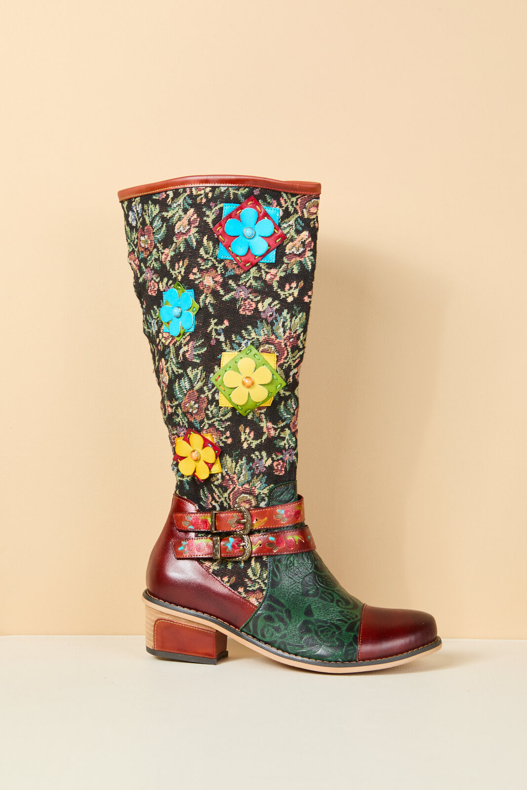 Soffia | Falling Petals Floral Knee-High Leather Boots