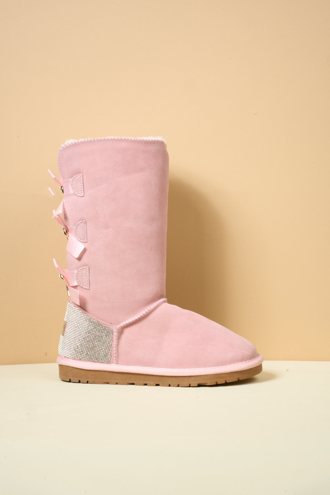 SMAIBULUN Ugg | Rhinestone Ribbon Tri-Tie Bow Suede Boots - Pink