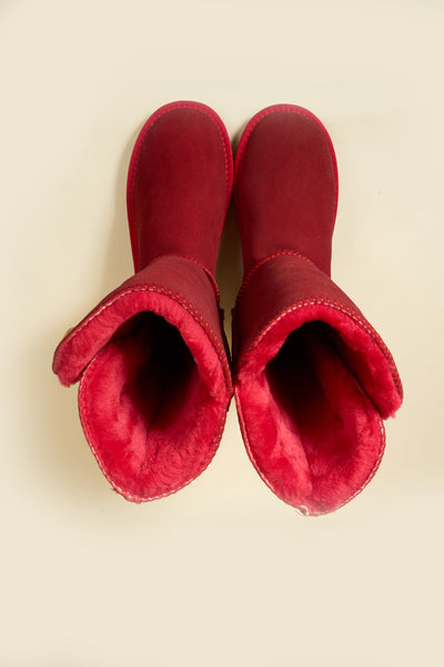 SMAIBULUN Ugg | Side Button Faux Fur-Lined Leather Suede Boots - red