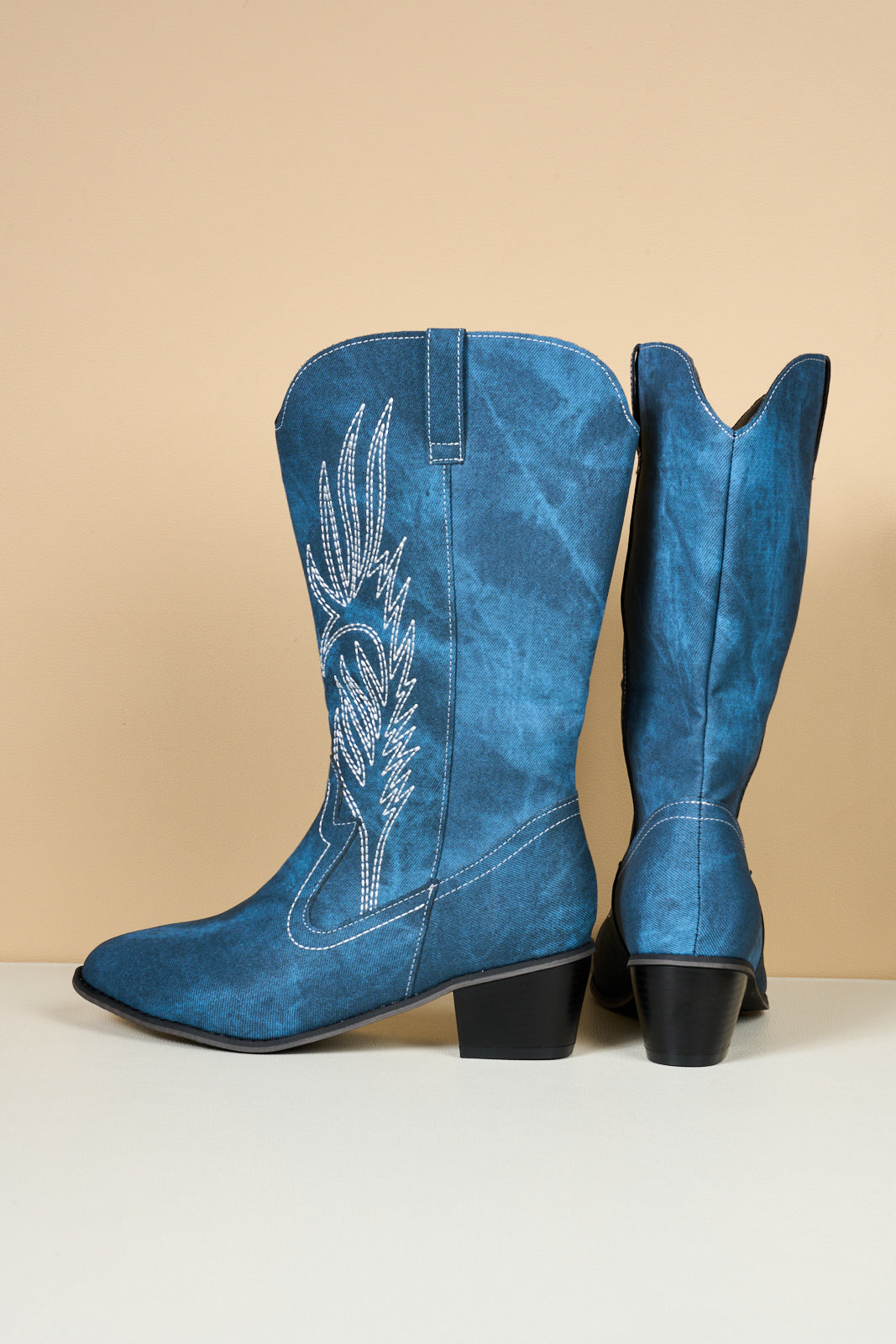 En Bloom | Vinny Wing Embroidered Western Knee Boots - Denim