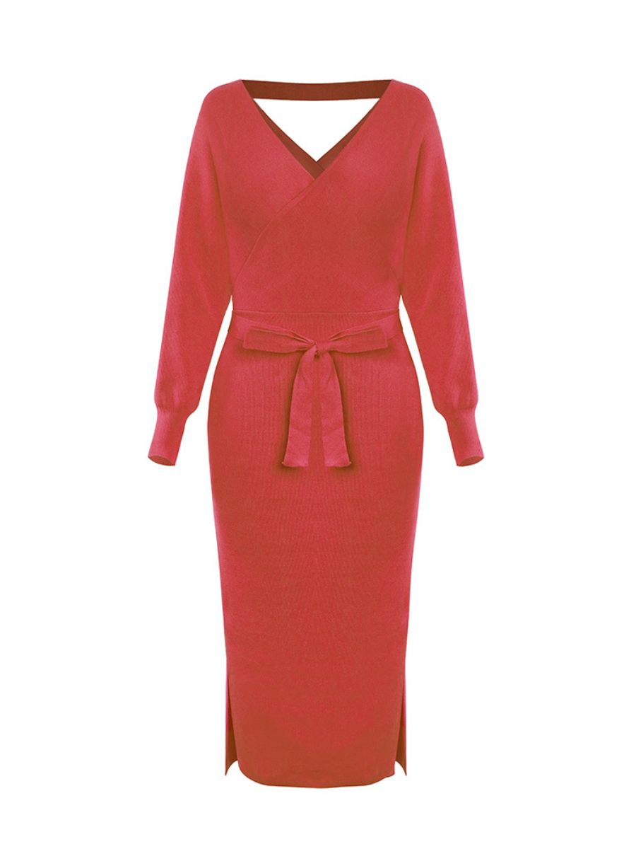 Lorene Tie Waist Midi Sweater Dress - Red