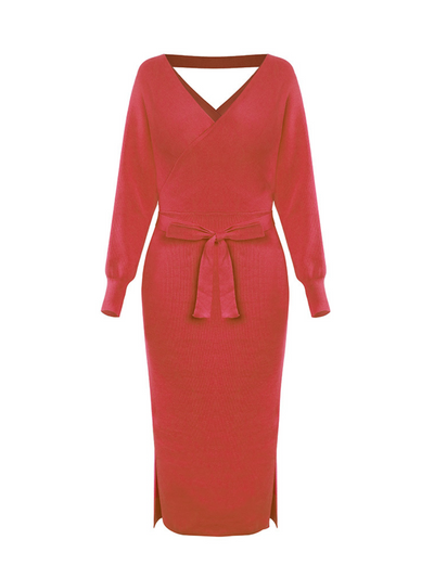 Lorene Tie Waist Midi Sweater Dress - Red