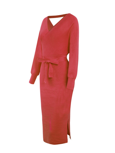 Lorene Tie Waist Midi Sweater Dress - Red