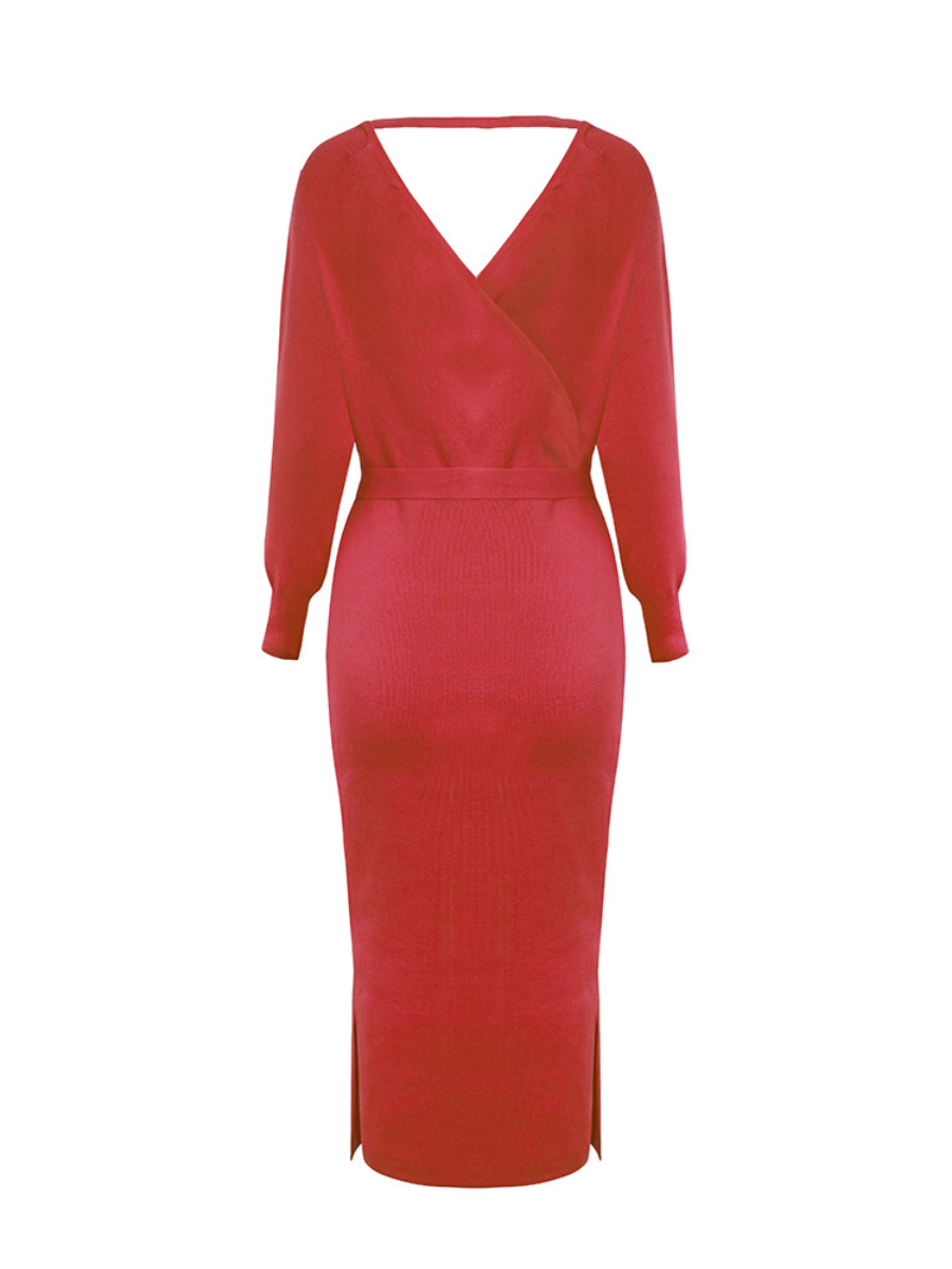 Lorene Tie Waist Midi Sweater Dress - Red