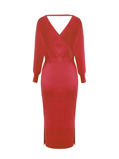 Lorene Tie Waist Midi Sweater Dress - Red