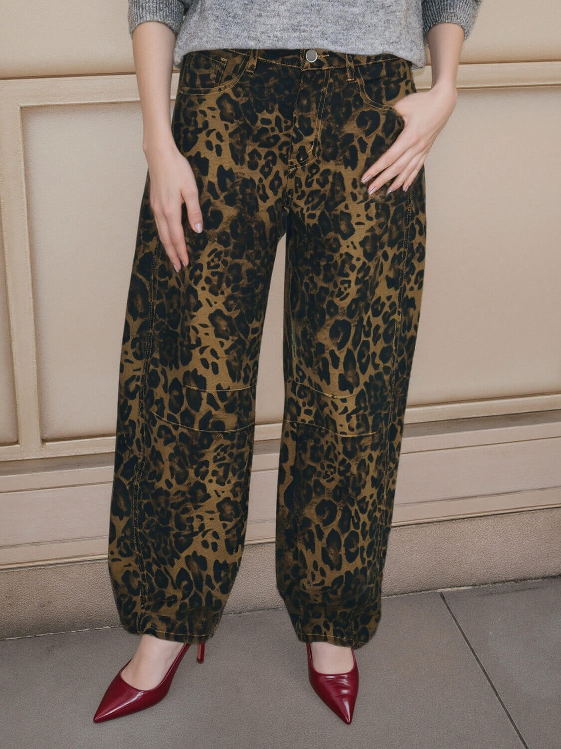 Free Cove Mid Rise Barrel Jeans - cheetah