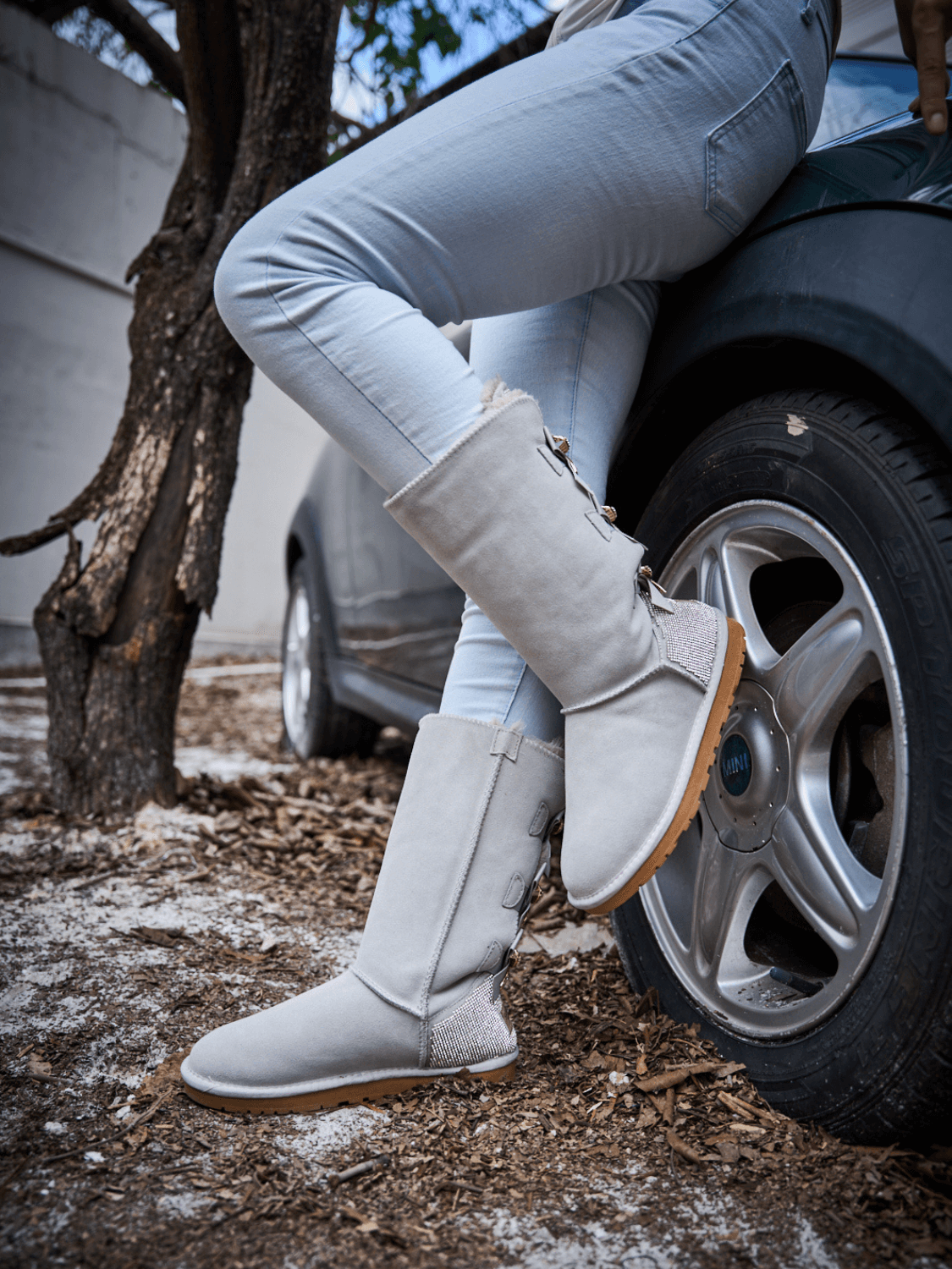 SMAIBULUN Ugg | Rhinestone Ribbon Tri-Tie Bow Suede Boots - pale