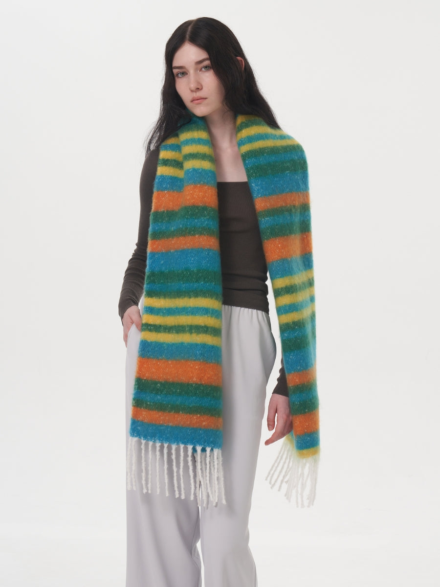 Dopamine Wool Blend Stripe Tassel Blanket Scarf - Green