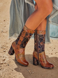 Soffia | Maple Mist Floral Embossed Studded Leather Boots