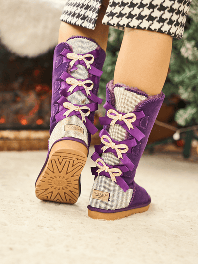 SMAIBULUN Ugg | Rhinestone Ribbon Tri-Tie Bow Suede Boots - violet