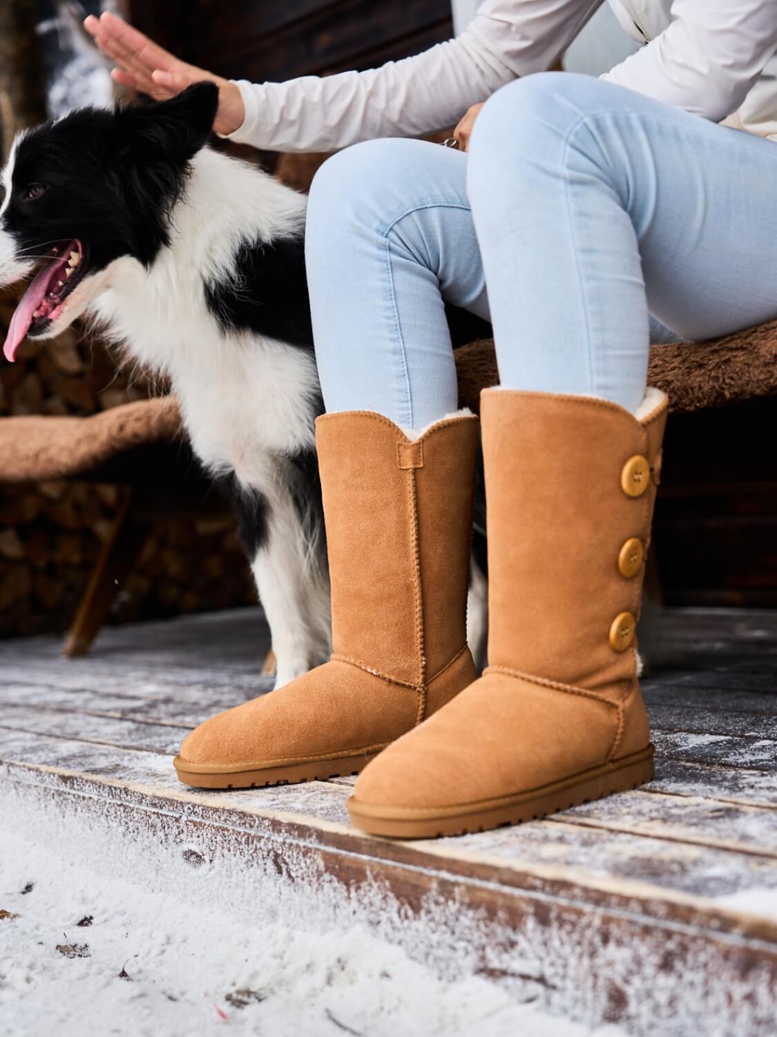 SMAIBULUN Ugg | Side Button Faux Fur-Lined Leather Suede Boots - chestnut