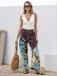 Spring Petals Floral Barrel Jeans - chocolate