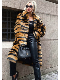 Winter Cozy Longline Tiger Pattern Faux Fur Coat