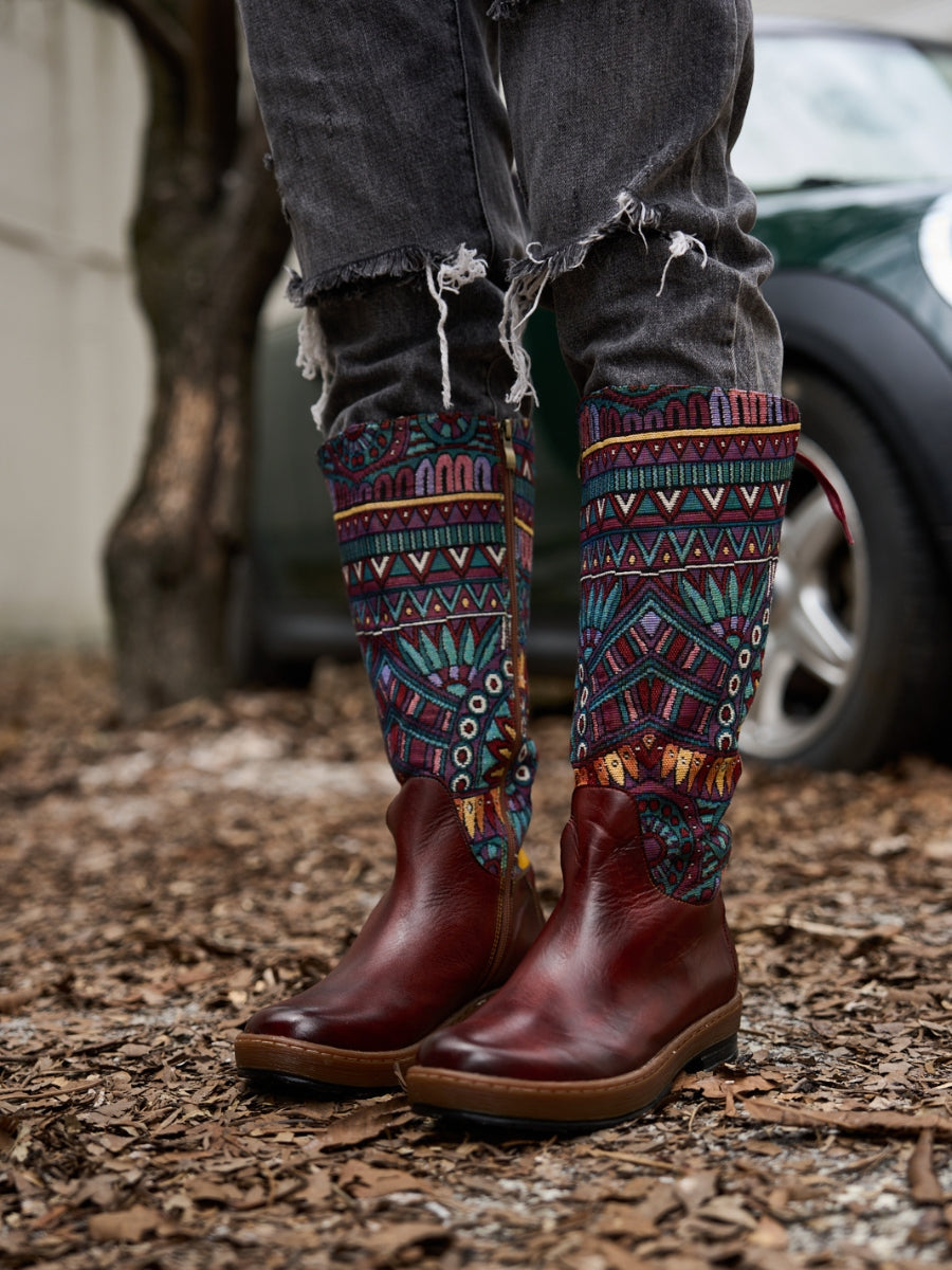 Soffia | Folks Ethnic Embroidery Leather Knee-High Boots