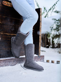 SMAIBULUN Ugg | Side Button Faux Fur-Lined Leather Suede Boots - grey