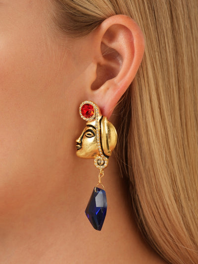 Maya Totem Avatar Gold Plated Sapphire Drop Earrings