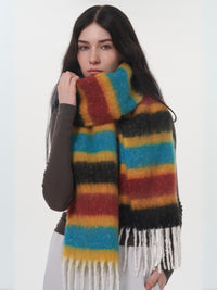 Dopamine Wool Blend Stripe Tassel Blanket Scarf - Black