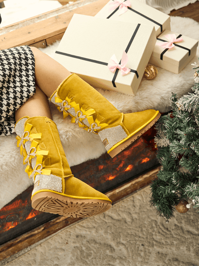 SMAIBULUN Ugg | Rhinestone Ribbon Tri-Tie Bow Suede Boots - lemon