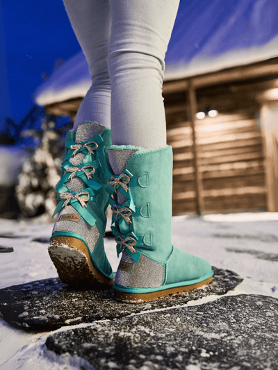 SMAIBULUN Ugg | Rhinestone Ribbon Tri-Tie Bow Suede Boots - turquoise