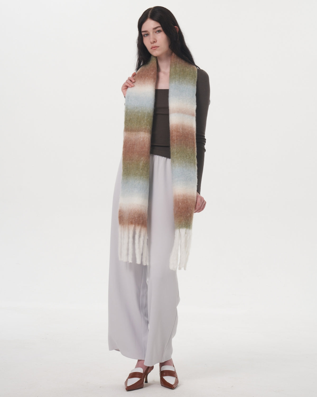 Mohair Gradient Wool Blend Tassel Blanket Scarf - Brown