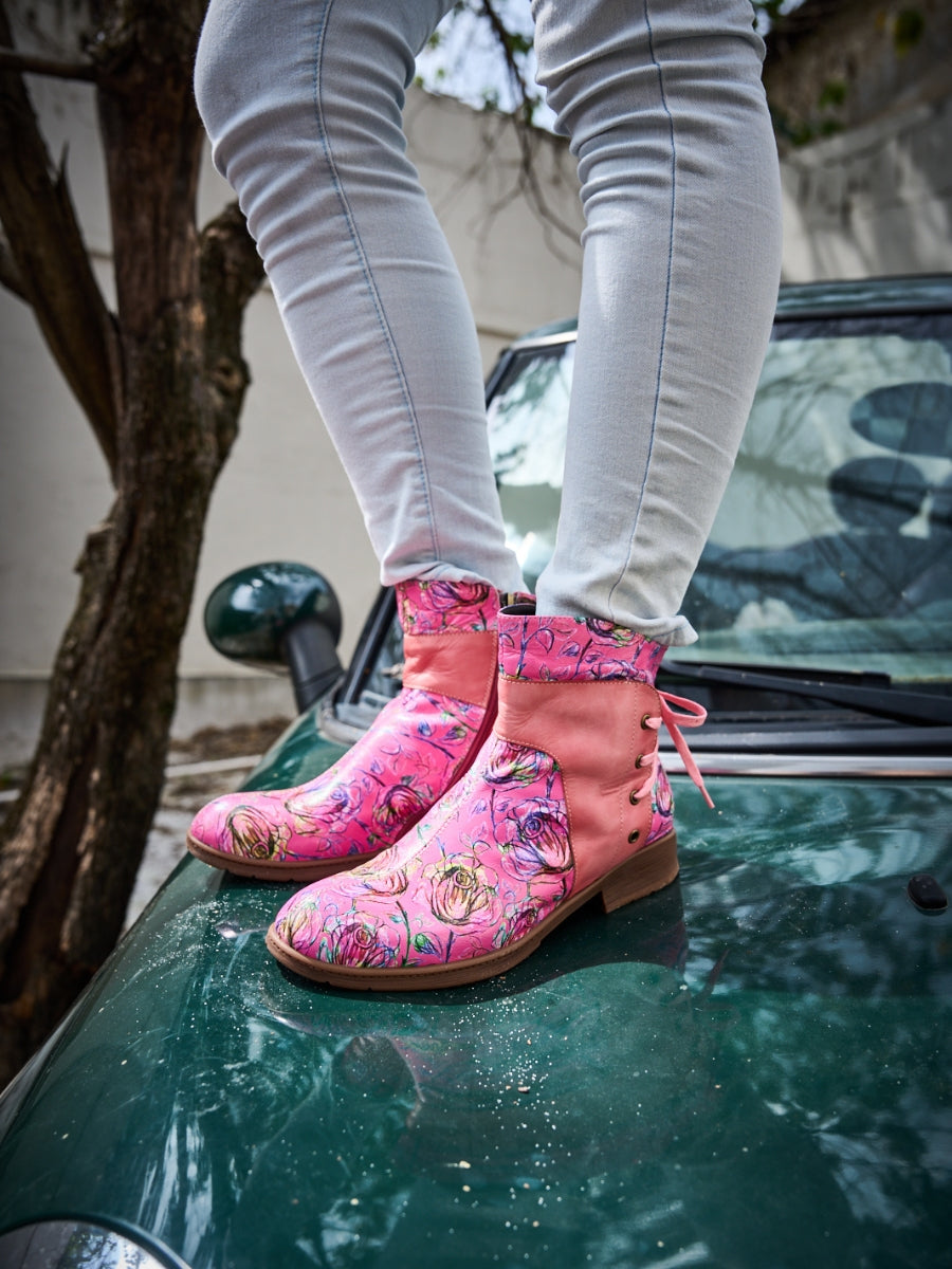 Soffia | Autumn Fields Floral Leather Ankle Booties - Pink