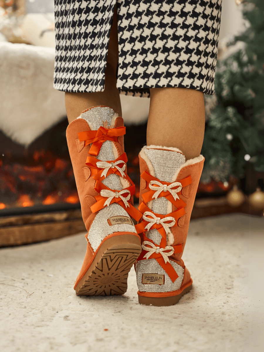 SMAIBULUN Ugg | Rhinestone Ribbon Tri-Tie Bow Suede Boots - tangerine