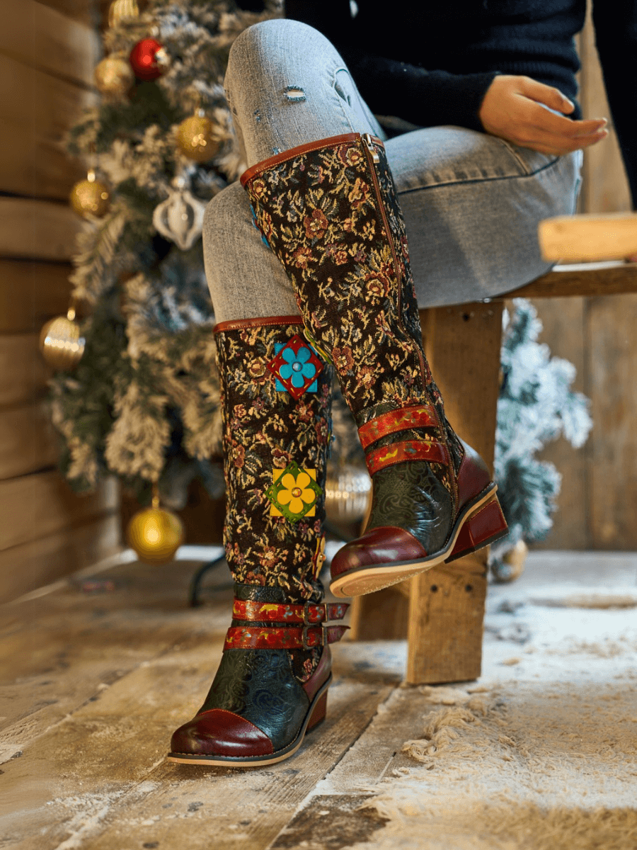 Soffia | Falling Petals Floral Knee-High Leather Boots